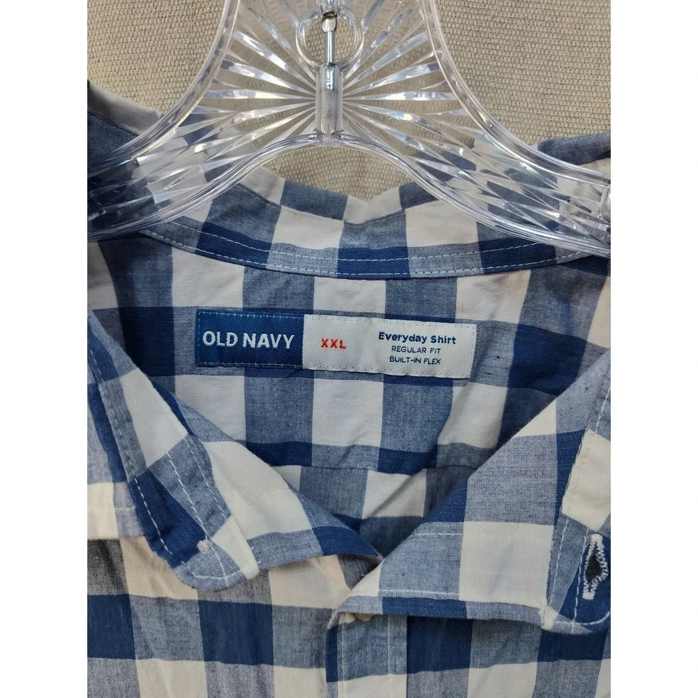 Old Navy Everyday Shirt XXL Blue White Gingham Check Short Sleeve Built-In‎ Flex